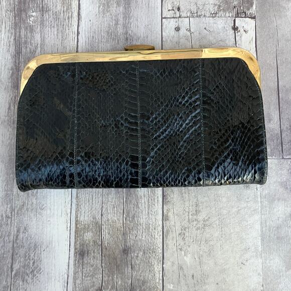 VTG Shirl Miller Purse Clutch Black Gold Framed Reptile Snake Glam Retro Boho - Picture 3 of 11